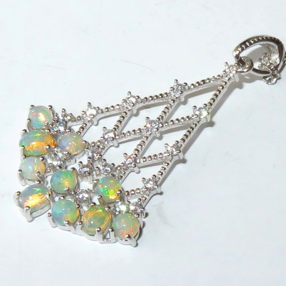 Fancy Fan Pendant Natural Color Play Opals  In Sterling Silver Necklace
